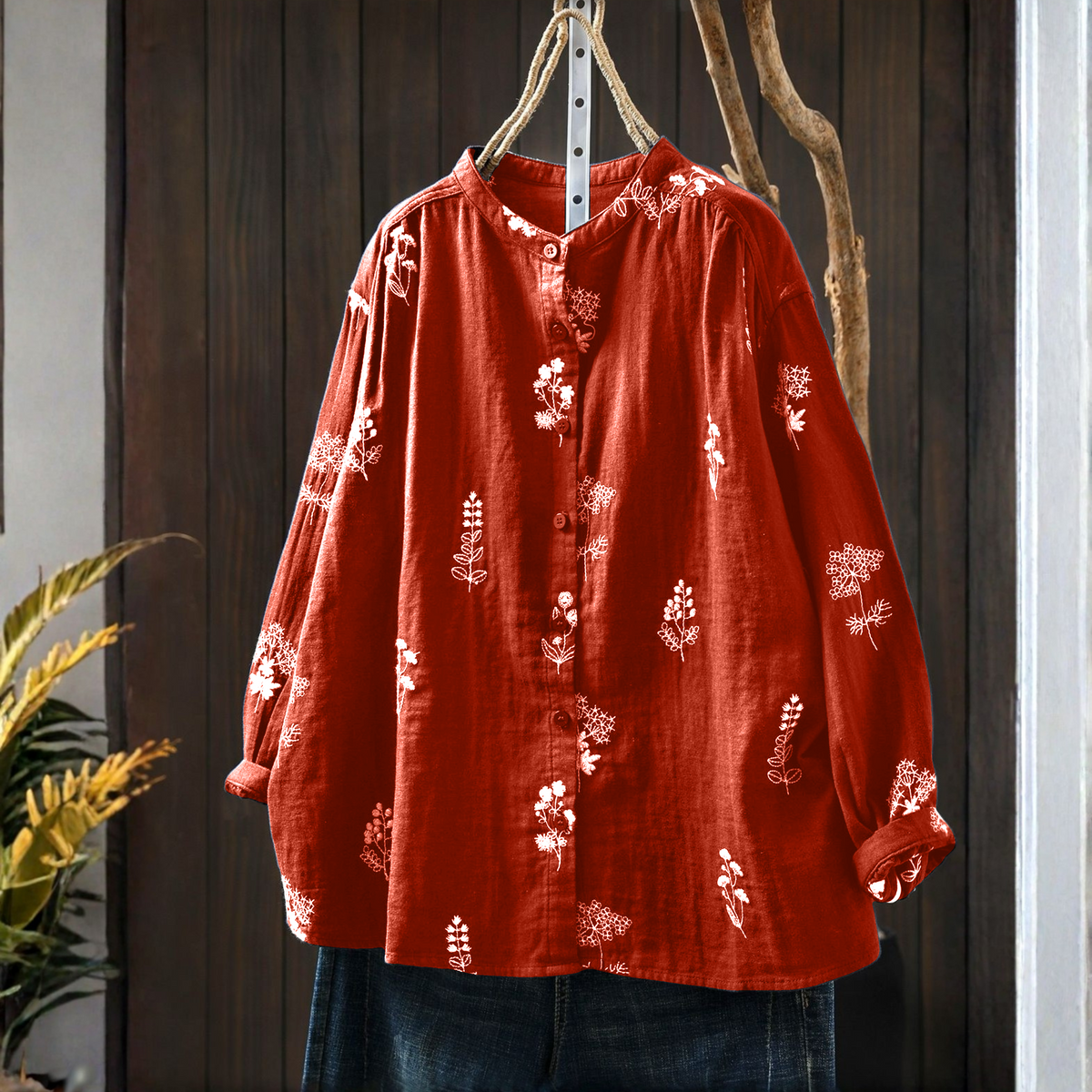 Red Pure Cotton Floral Embroidered Shirt for Women