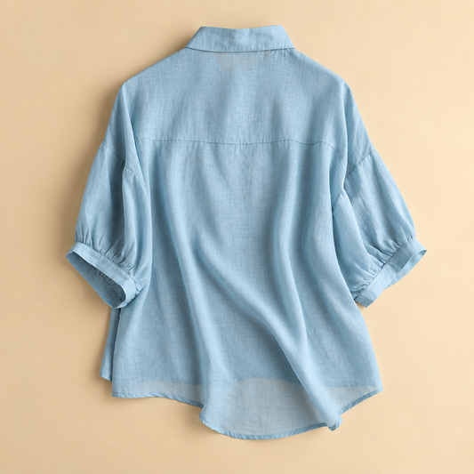 Light blue linen cotton casual top for women with collar and puff half sleeves â back view