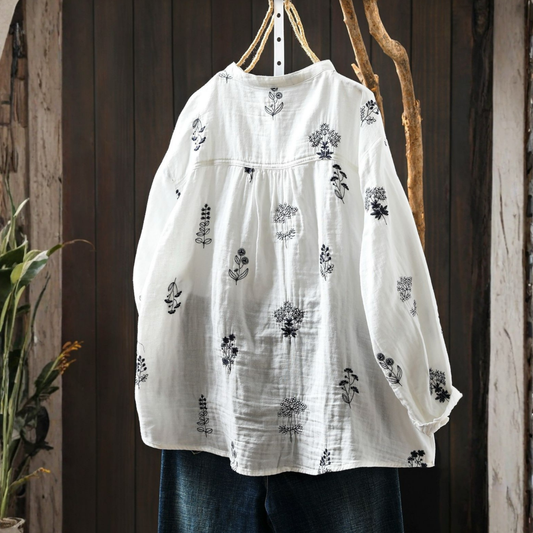 Full Sleeve Detail of Pure Cotton Floral Embroidered Shirt for Women