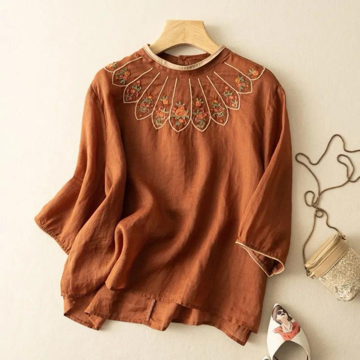 Pure Cotton Queen Embroidered Back Button Top