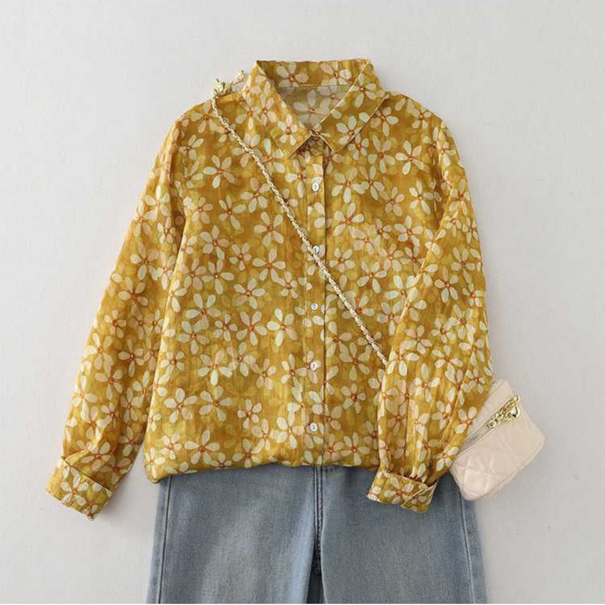 Mustard Pure Cotton Printed Full Sleeve Shirt - Front View