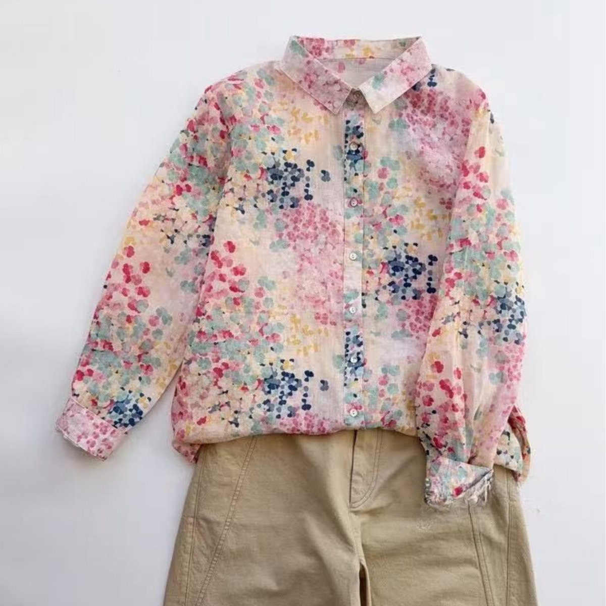 Green Floral Pure Cotton Printed Full Sleeve Shirt - Front View