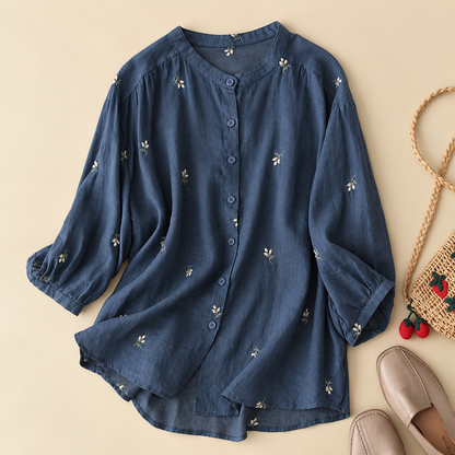 Cotton Floral Embroidered Comfortable Boat Neck Shirt