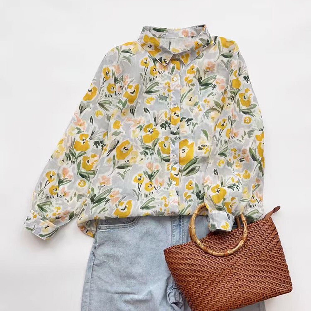 Mustard Pure Cotton Printed Full Sleeve Casual Shirt - Front View