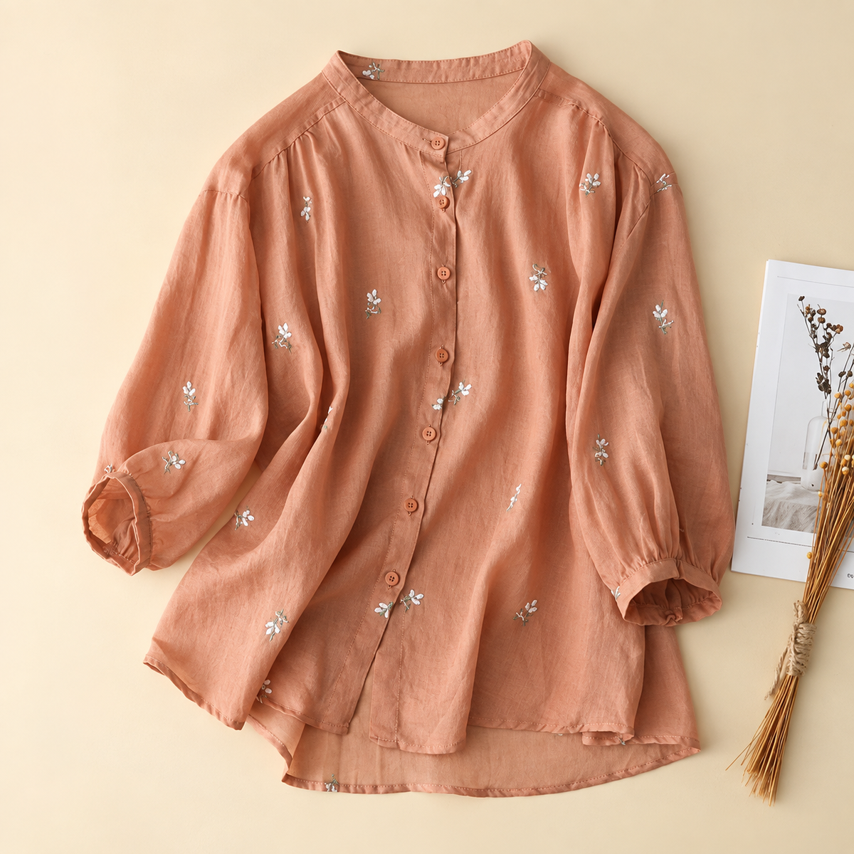 Cotton Floral Embroidered Comfortable Boat Neck Shirt