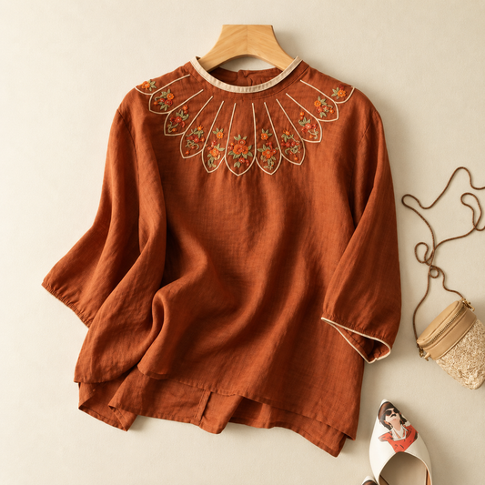 Pure Cotton Queen Embroidered Back Button Top
