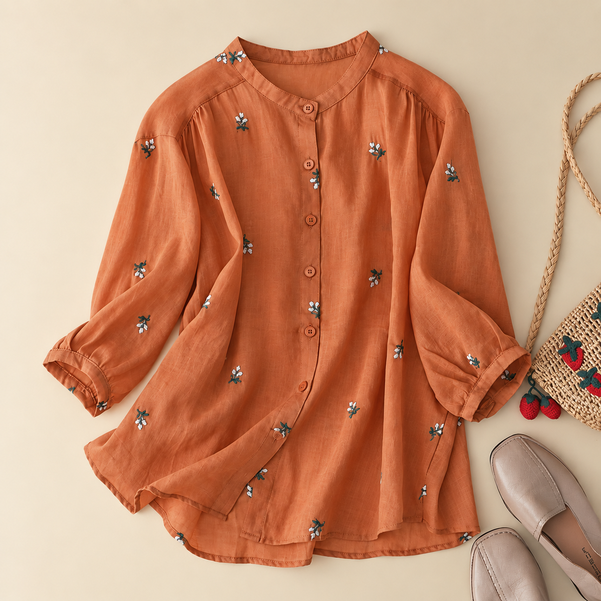 Cotton Floral Embroidered Comfortable Boat Neck Shirt